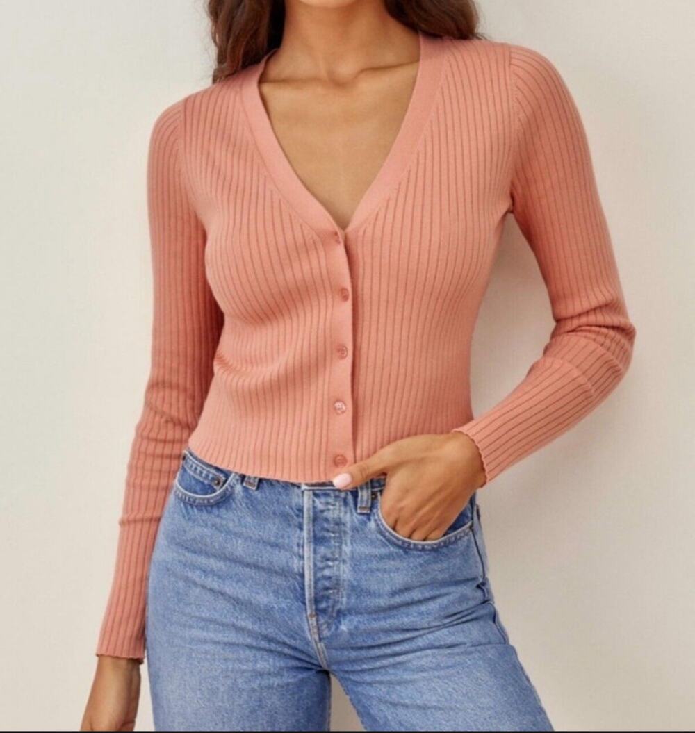 REFORMATION Gilda Rib Cardigan Large Coral Orange V-Neck Sweater NWOT
